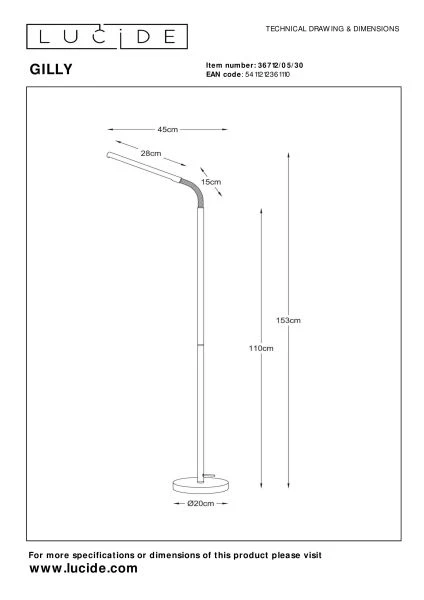 Lucide GILLY - Stehlampe Mit Leselampe - LED - 1x6W 2700K - Schwarz - TECHNISCH